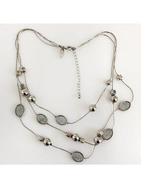 Silver-Tone Multi-Strand Necklace With Oval Glittered Accents & Beads